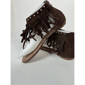 Brown Fringe Suede Flat Thong Sandals With Studded Accents & Zipper Closure For